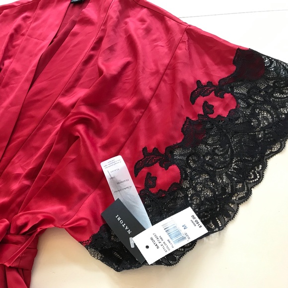 NWT NATORI JOSIE RED & BLACK LACE SEXY SILKY SATIN SHORT KIMONO ROBE - Picture 5 of 11